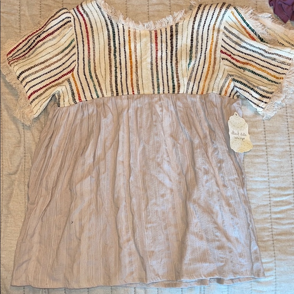 tan/colorful striped top